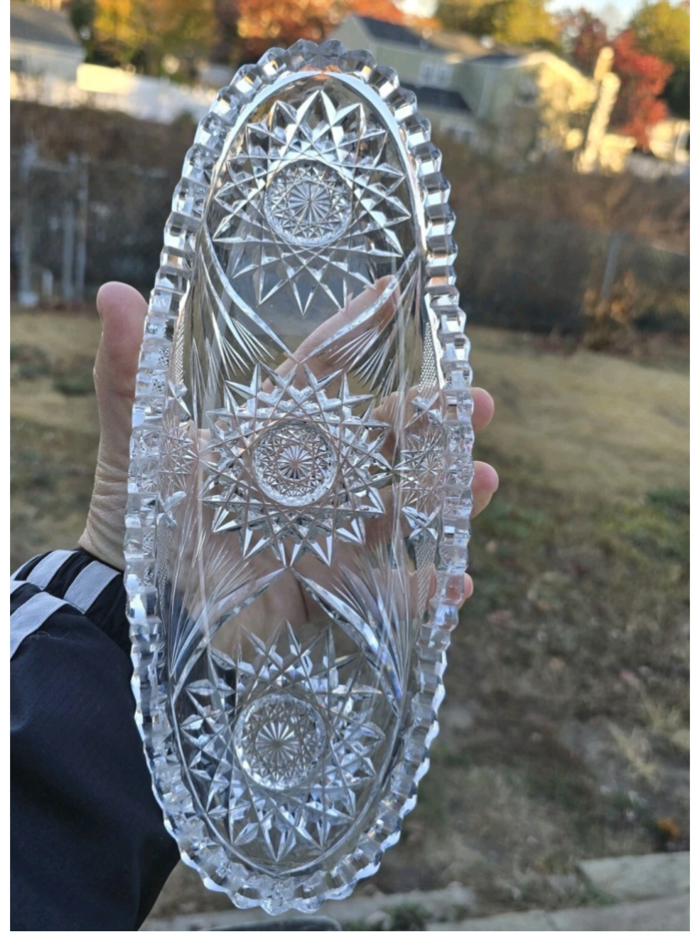 American Brilliant Cut Crystal Oval Serving Dish Saw Tooth Starburst Scallopped